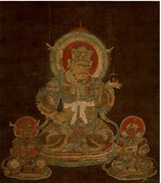 Bishamon (North; Kubera, Vaisravana). He is said to live halfway down the north side of Mount Sumeru- he is accompanied by the Yasha (Yaksha) and the Rasetsu (Raksasa)