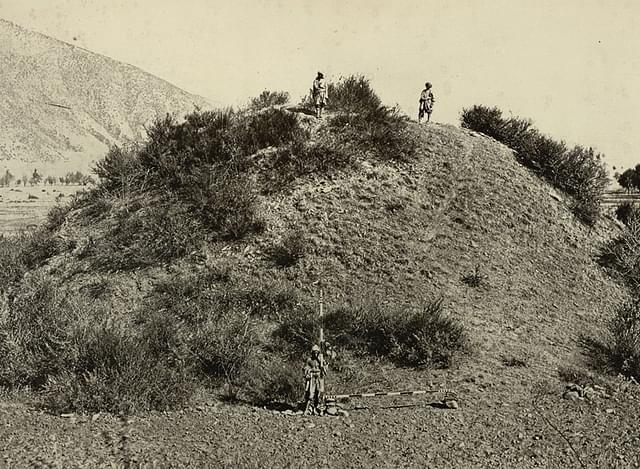 A Buddhist stupa mound near Baramulla in Jammu and Kashmir, taken by John Burke in 1868 (Photo: Wikimedia Commons)