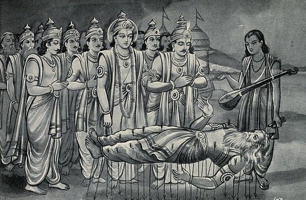 Shantiparvan recites a theory of governance and duties of a leader, as explained by a dying Bhishma to Yudhishthira. (Wikimedia Commons)