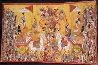 The painting depicts the battle of Kurukshetra of the Mahabharata epic. On the left the Pandava hero Arjuna sits behind Krishna, his charioteer. On the right is Karna, commander of the Kaurava army. (Wikimedia Commons)