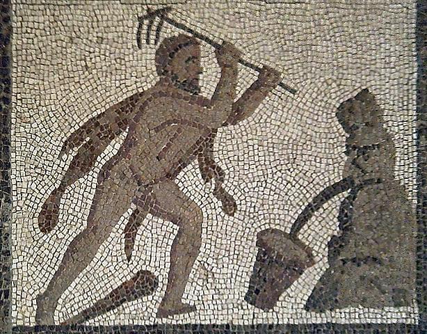 Heracles rerouting the rivers Alpheus and Peneus, to clean out the Augean stables. Roman mosaic, 300 AD. (Wikimedia Commons)