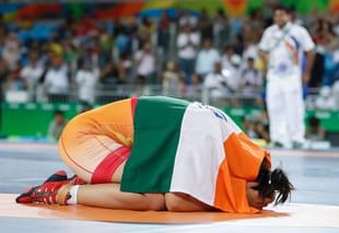 India’s Sakshi Malik celebrates after winning against Kirghyzstan’s Aisuluu Tynybekova in their women’s 58 kg freestyle bronze medal match on August 17, 2016, during the wrestling event of the Rio 2016 Olympic Games at the Carioca Arena 2 in Rio de Janeiro. / AFP / Jack GUEZ (Photo credit should read JACK GUEZ/AFP/Getty Images) 