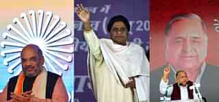 Amit Shah (L), Mayawati (C) and Mulayam Singh Yadav (R)