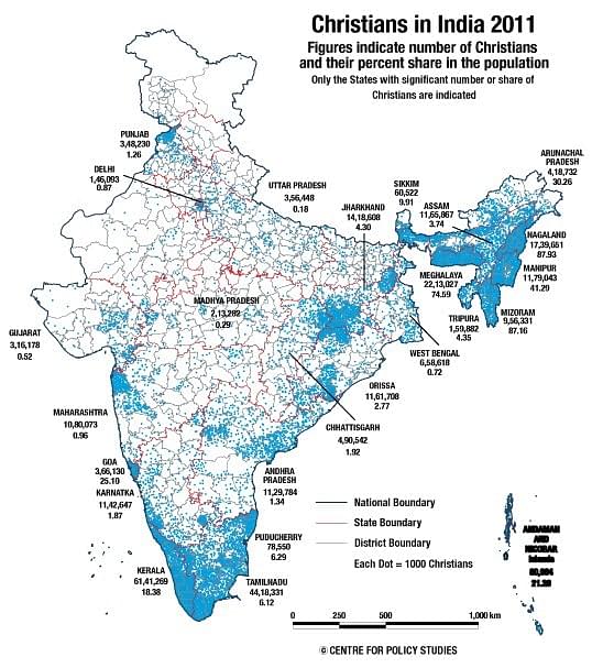The distribution of Christians in India according to the Census of 2011. (Photo Credit: CPS)