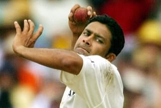 Indian spinner Anil Kumble sends down another delivery as he takes eight Australian wickets in the Test match in Sydney, 2004. (WILLIAM WEST/AFP/Getty Images)