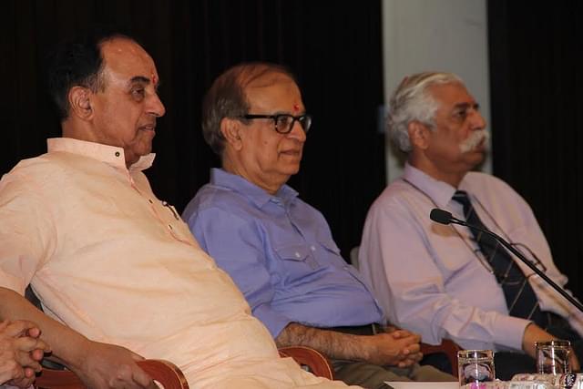 Rajiv Malhotra, centre, at the launch of his new book. Photo credit: Manish Pant