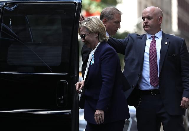 

 Democratic presidental nominee former Secretary of State Hillary Clinton gets into a van as she leaves the home of her daughter Chelsea Clinton on September 11, 2016 in New York City. Hillary Clinton left a September 11 Commemoration Ceremony early after feeling overheated and went to her daughter’s house to rest. (Photo by Justin Sullivan/Getty Images)