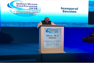 M J Akbar delivering the welcome address at the Indian Ocean Conference 2016 in Singapore. (Twitter, M J Akbar)