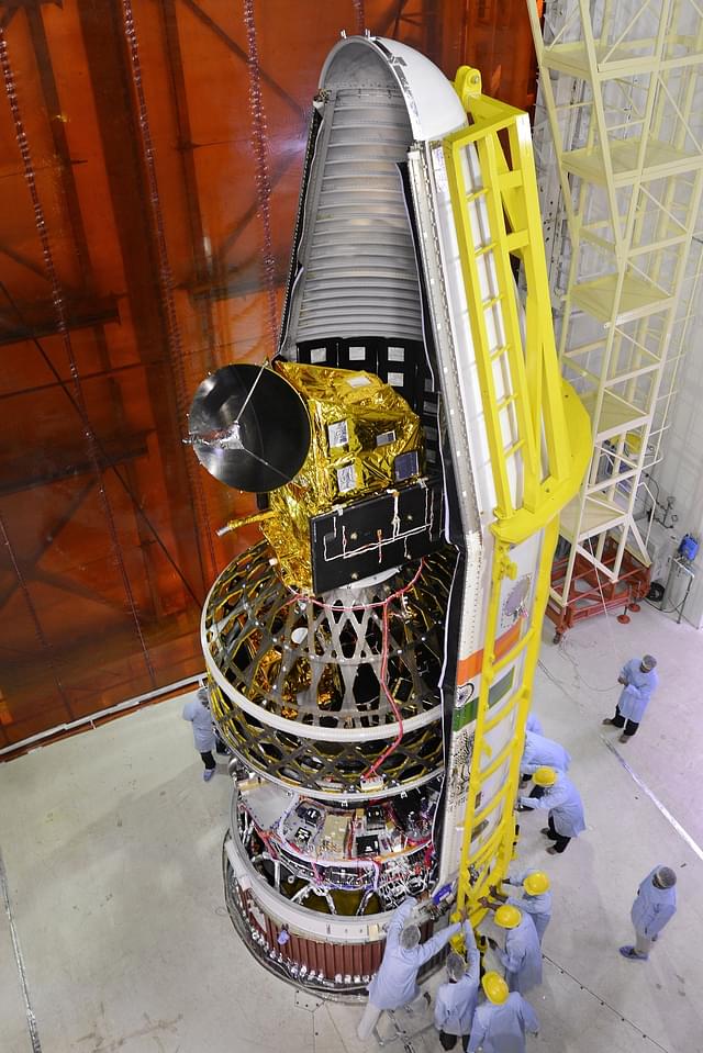 PSLV C35 heat shield is being closed with all the eight satellites inside. Photo credit: ISRO