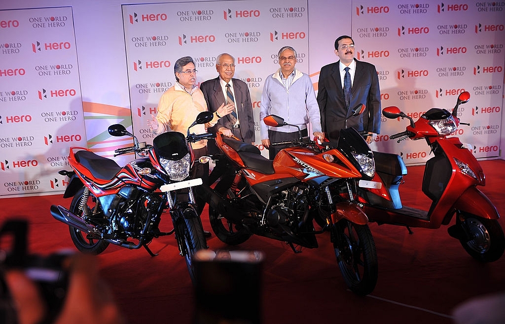 
(L-R) Managing director and chief executive officer Hero Motocrop 
Pawan Munjal, Senior vice president marketing and sales Hero Motocrop 
Anil Dua, Founder and chairman Hero Motocrop Brij Mohan Lall 
Munjal,joint managing director Hero Motocrop Sunil Kant Munjal. (Getty Images)

