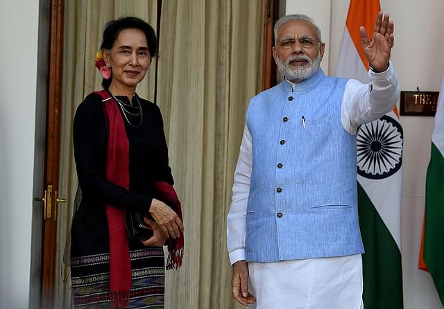 Prime Minister
Narendra Modi and Myanmar State Counsellor Aung San Suu Kyi before a meeting in
New Delhi: Photo credit: MONEY SHARMA/AFP/GettyImages