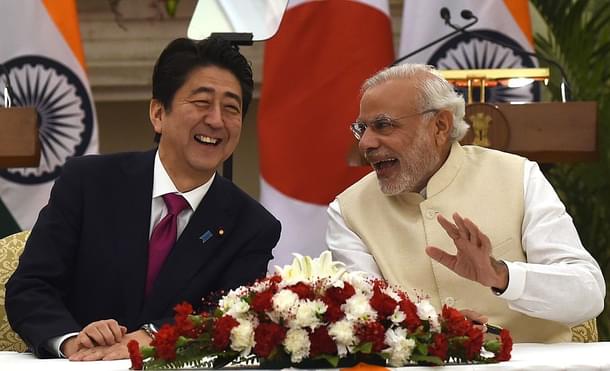 Modi and Abe during a meeting at Hyderabad House in New
Delhi. Photo credit: MONEY SHARMA/AFP/GettyImages      