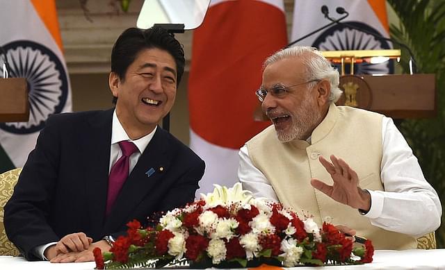 Modi and Abe during a meeting at Hyderabad House in New
Delhi. Photo credit: MONEY SHARMA/AFP/GettyImages &nbsp; &nbsp; &nbsp;