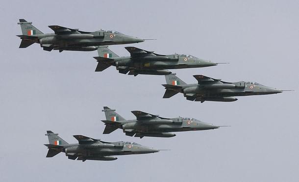 Five Jaguar aircrafts in an arrowhead formation
 of the Indian Air Force fly over the Yehlanka Airforce Base. (Photo Credit: INDRANIL MUKHERJEE/AFP/Getty Images)