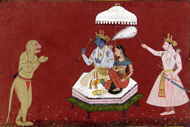 Representative image of a painting depicting Ram, Sita, and Hanuman.