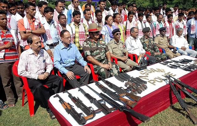 ULFA cadres surrender before the Assam Police in Guwahati. Photo
credit: BIJU BORO/AFP/GettyImages