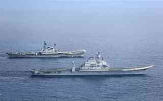 Indian Navy’s aircraft carriers INS Viraat and Vikramaditya in the Arabian Sea in January 2014. (Indian Navy)