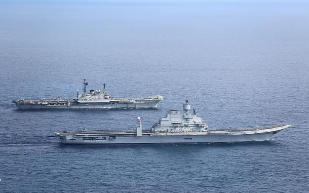 Indian Navy’s aircraft carriers INS Viraat and Vikramaditya in the Arabian Sea in January 2014. (Indian Navy)