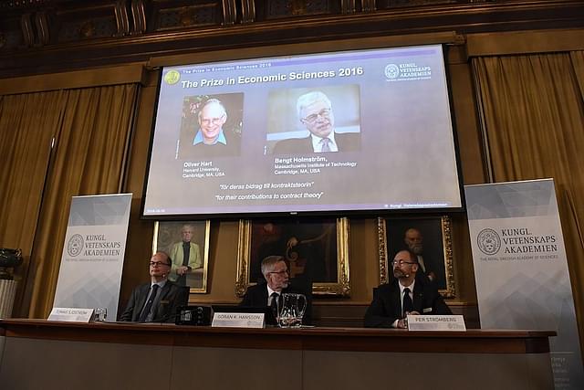 A press conference at the Royal Swedish Academy of Sciences in Stockholm, where the laureates were presented with the Nobel Memorial Prize in Economics (JONATHAN NACKSTRAND/AFP/Getty Images)