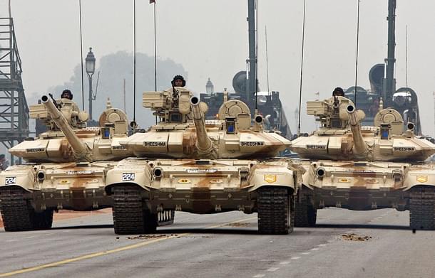 Indian Army T-90 ‘Bheesma’ tanks roll through Janpath during 
rehearsals for the Indian Republic Day parade in New Delhi. (Photo Credit: RAVEENDRAN/AFP/Getty Images)