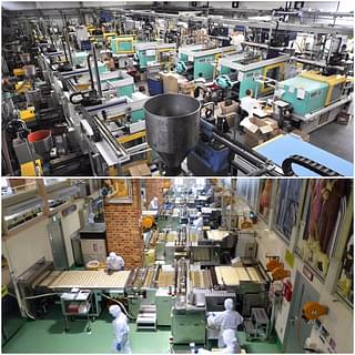 A typical Mittelstand category company in Germany (top) (JOHN MACDOUGALL/AFP/Getty Images) and a factory in Japan