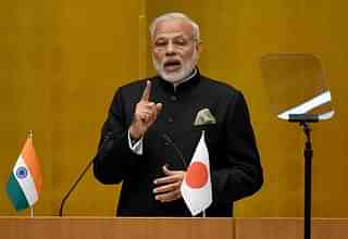 Prime Minister Modi speaks to Indian and Japanese businessmen in Tokyo.&nbsp;