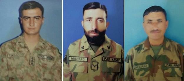 
(Left- Right) Captain Taimoor ali, Havildar Mushtaq Hussain and Lance Naik Ghulam Hussain (Photo: ISPR)