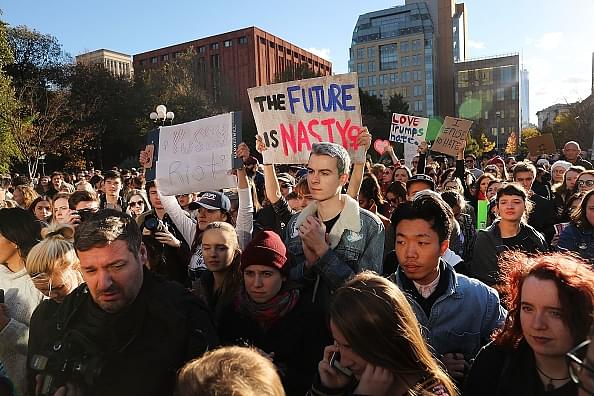  Hundreds of anti-Donald
Trump protesters hold a demonstration in Washington Square Park. Photo credit: Spencer
Platt/GettyImages
