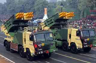 Pinaka  multi-barrel rocket launchers at the dress rehearsal for the Indian Republic Day parade in 2011. Photo credit: RAVEENDRAN/AFP/Getty Images