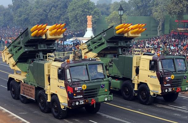 Pinaka multi-barrel rocket launchers at the dress rehearsal for the Indian Republic Day parade in 2011. Photo credit: RAVEENDRAN/AFP/Getty Images