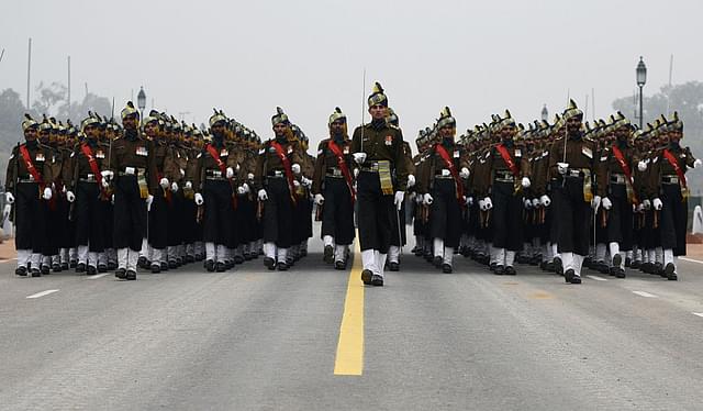 An Indian army
contingent rehearses for Indian Republic Day parade along Rajpath in New Delhi.
(MONEY SHARMA/AFP/Getty Images)