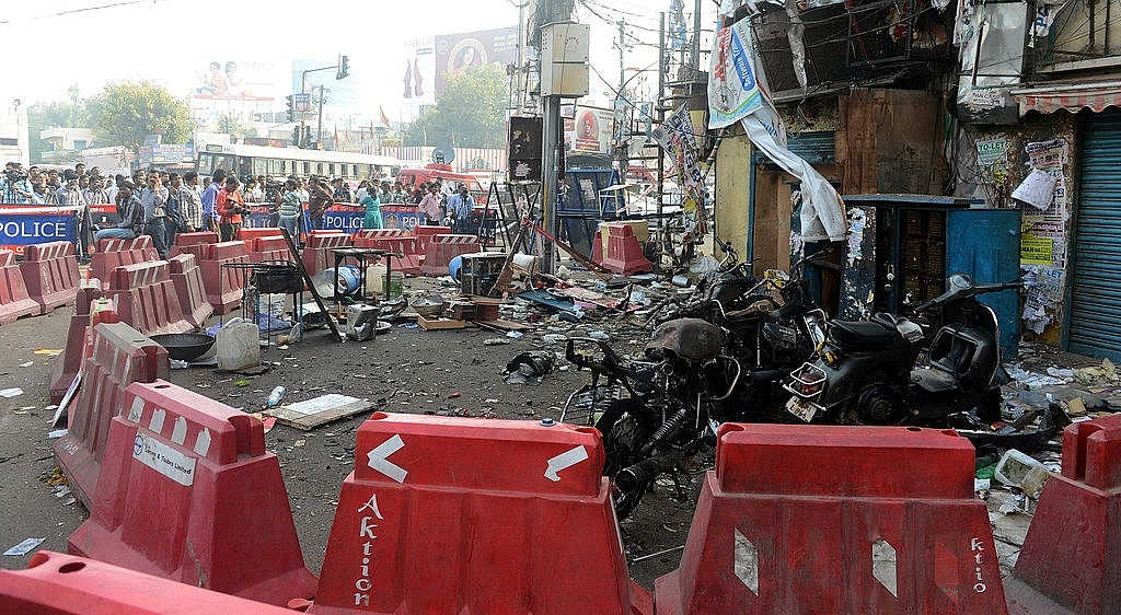 
The site of the bomb 
blast at Dilsukh Nagar in Hyderabad on February 23, 2013. (INDRANIL 
MUKHERJEE/AFP/Getty Images)

