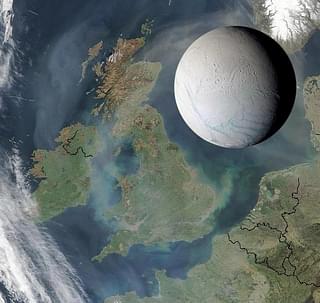 Saturn’s moon Enceladus is only 505km across, small enough to fit within the length of the UK, as illustrated here. Photo credit: NASA/Wikimedia Commons
