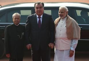 President of the Republic of Tajikistan Emomali Rahmon (C) shakes
hands with India Narendra Modi and Pranab Mukherjee (PRAKASH SINGH/AFP/Getty Images)