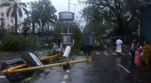 Residents stand near fallen trees and traffic signal post on a street in Chennai after Cyclone Vardah wreaked havoc in the city. (STR/AFP/GettyImages)