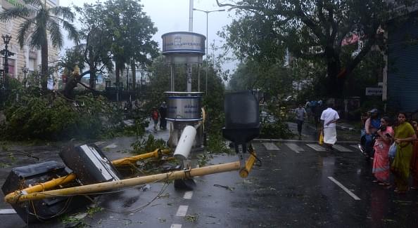 Residents stand near fallen trees and traffic signal post on a street in Chennai after Cyclone Vardah wreaked havoc in the city. (STR/AFP/GettyImages)