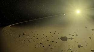 This artist’s concept depicts a distant hypothetical solar system, similar in age to our own. 