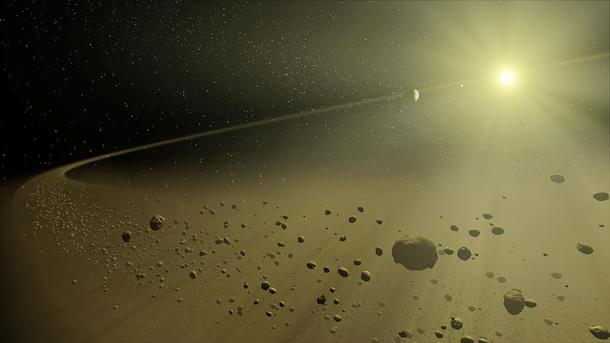 This artist’s concept depicts a distant hypothetical solar system, similar in age to our own. 