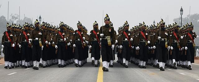 An Indian army
contingent rehearses for Indian Republic Day parade along Rajpath in New Delhi.
(MONEY SHARMA/AFP/Getty Images)