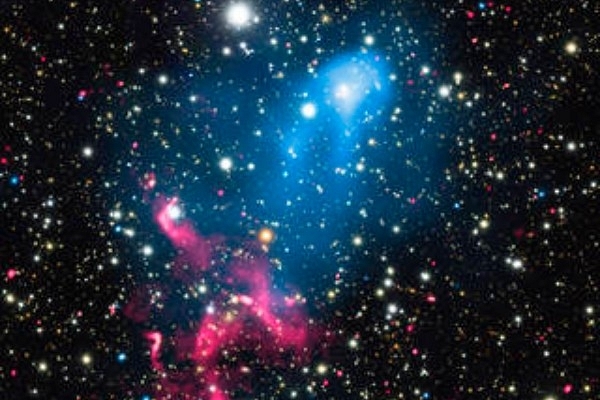 Abell 3411 and Abell 3412: A pair of colliding galaxies about 2 billion light years away. (X-ray: NASA/CXC/SAO/R. van Weeren et al; Optical: NAOJ/Subaru; Radio: NCRA/TIFR/GMRT)