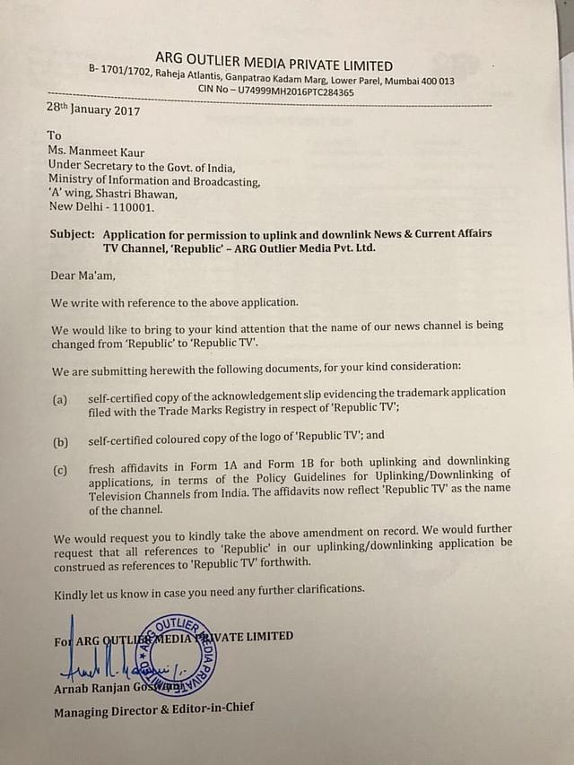 Letter from ARG Outlier Media asking permission for Rpublic to br renamed to Republic TV.