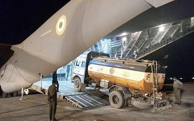 
A tanker being loaded in an IAF aircraft for Manipur, in New Delhi on Monday. (Indian Air Force/Twitter)