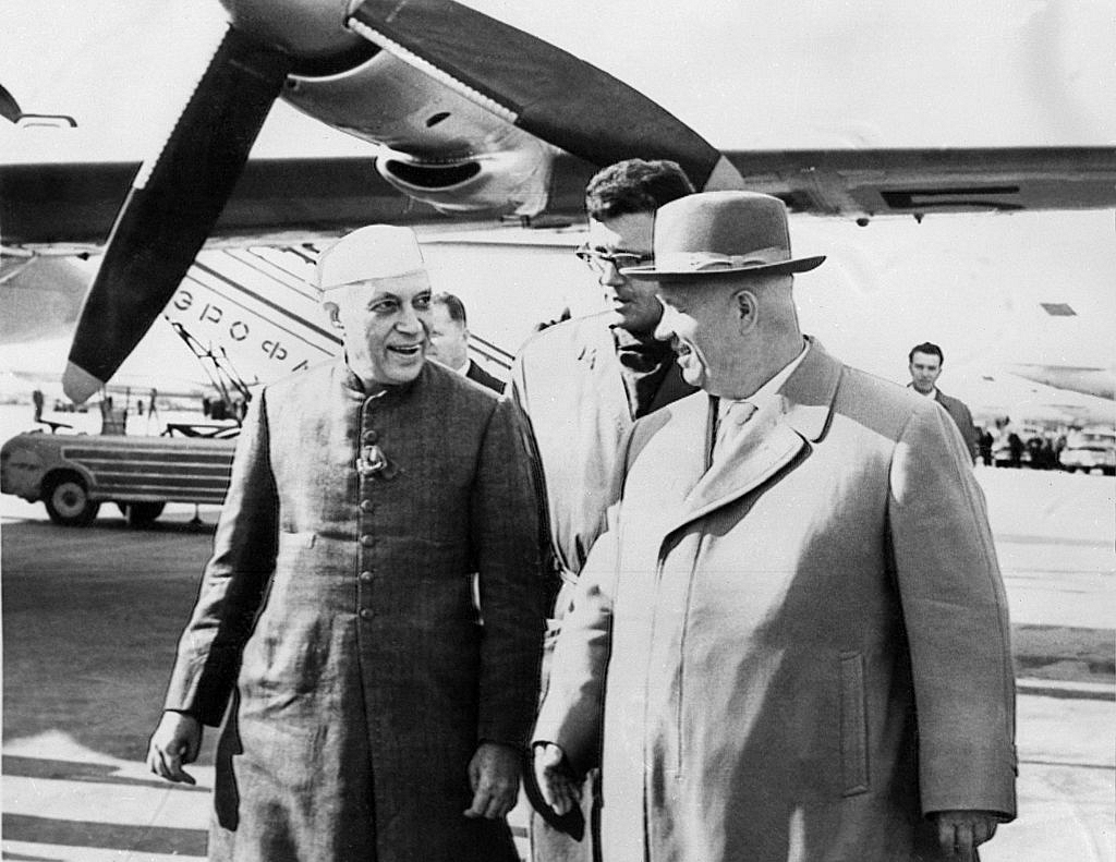 Prime minister Pandit Jawaharlal Nehru, in an official visit to USSR, is welcomed by Nikita Khrushchev, the first secretary of Soviet Communist Party, 1961. (STAFF/AFP/Getty Images)