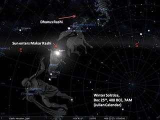 Position of the Sun in relation to the Rashis on Winter solstice, Dec 25th, 400 BCE. Notice that the Sun rise is in Makar Rashi, making it a Makar Sankranti.