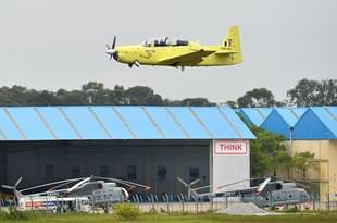 A Hindustan Turbo Trainer-40 (HTT-40) aircraft developed by
HAL takes part in a test flight in Bangalore. (MANJUNATH KIRAN/AFP/GettyImages)