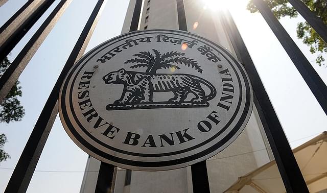 Reserve Bank of India (RBI) logo on the main entrance gate of the RBI headquarters in Mumbai. (INDRANIL MUKHERJEE/AFP/Getty Images)