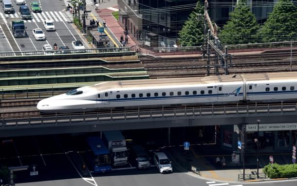 A Shinkansen bullet train goes over a street in Tokyo. (Photo credit: TORU YAMANAKA/AFP/Getty Images)