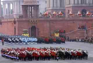 India’s Armed Forces Bands march in front of the Central Secretariat Building during th Beating the Retreat Parade in New Delhi, 2004. (RAVEENDRAN/AFP/Getty Images)