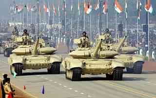  
Indian soldiers atop T90 tanks. (RAVEENDRAN/AFP/Getty Images)

