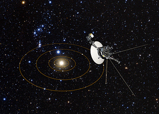 In this artist’s conception, NASA’s Voyager 1 spacecraft has a bird’s-eye view of the solar system. The circles represent the orbits of the major outer planets: Jupiter, Saturn, Uranus, and Neptune. (NASA, ESA, and G. Bacon (STScI))